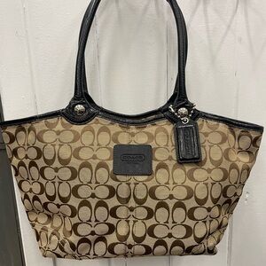 Coach Brown and Black Leather Trim Tote